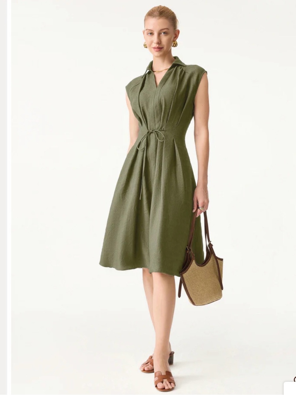 OGL Viscose-Linen Collared V-neck Midi Dress with Drawstring - Picture 2 of 5